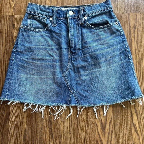 Madewell Denim Skirt Rigid A-Line Mini Size 25 Raw Hem Medium Wash - Picture 4 of 9
